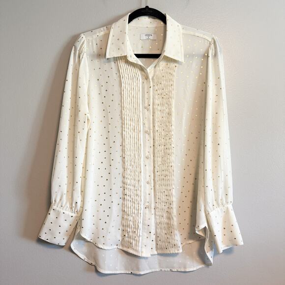 UNTUCKit Sabrina Cream Gold Foil Dot Pleated Button Front Blouse Women’s Size 6 - Picture 3 of 14